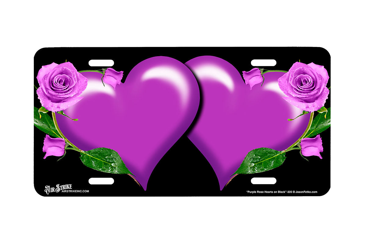 "Purple Rose Hearts on Black" - Decorative License Plate