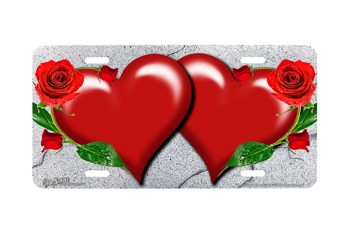 "Red Rose Hearts on Granite" - Decorative License Plate