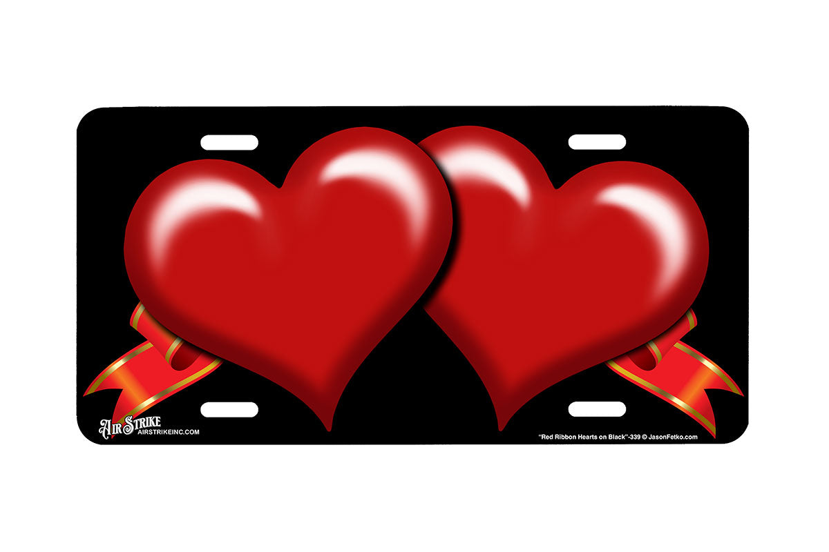 "Red Ribbon Hearts on Black" - Decorative License Plate