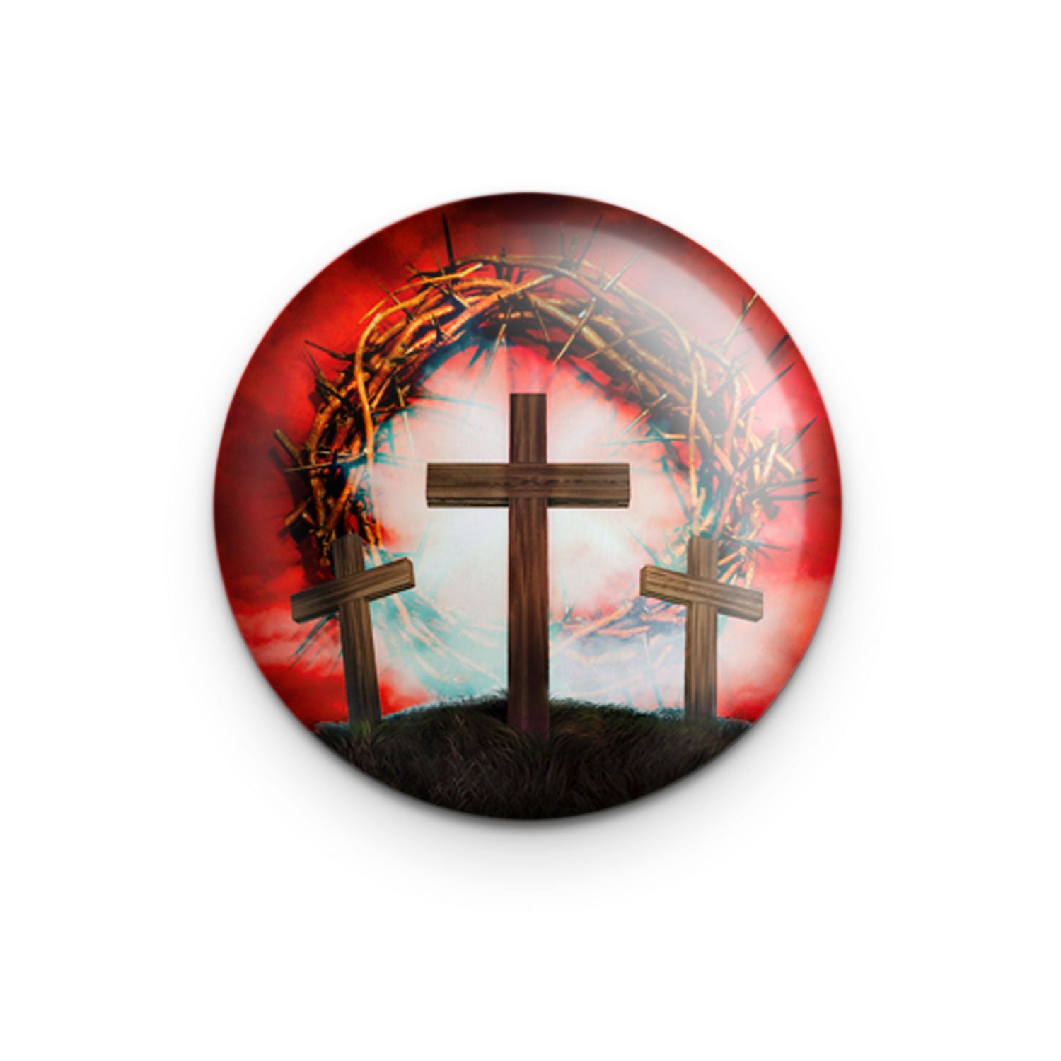 "Three Cross Crown of Thorns" - 1" Round Pinback Button