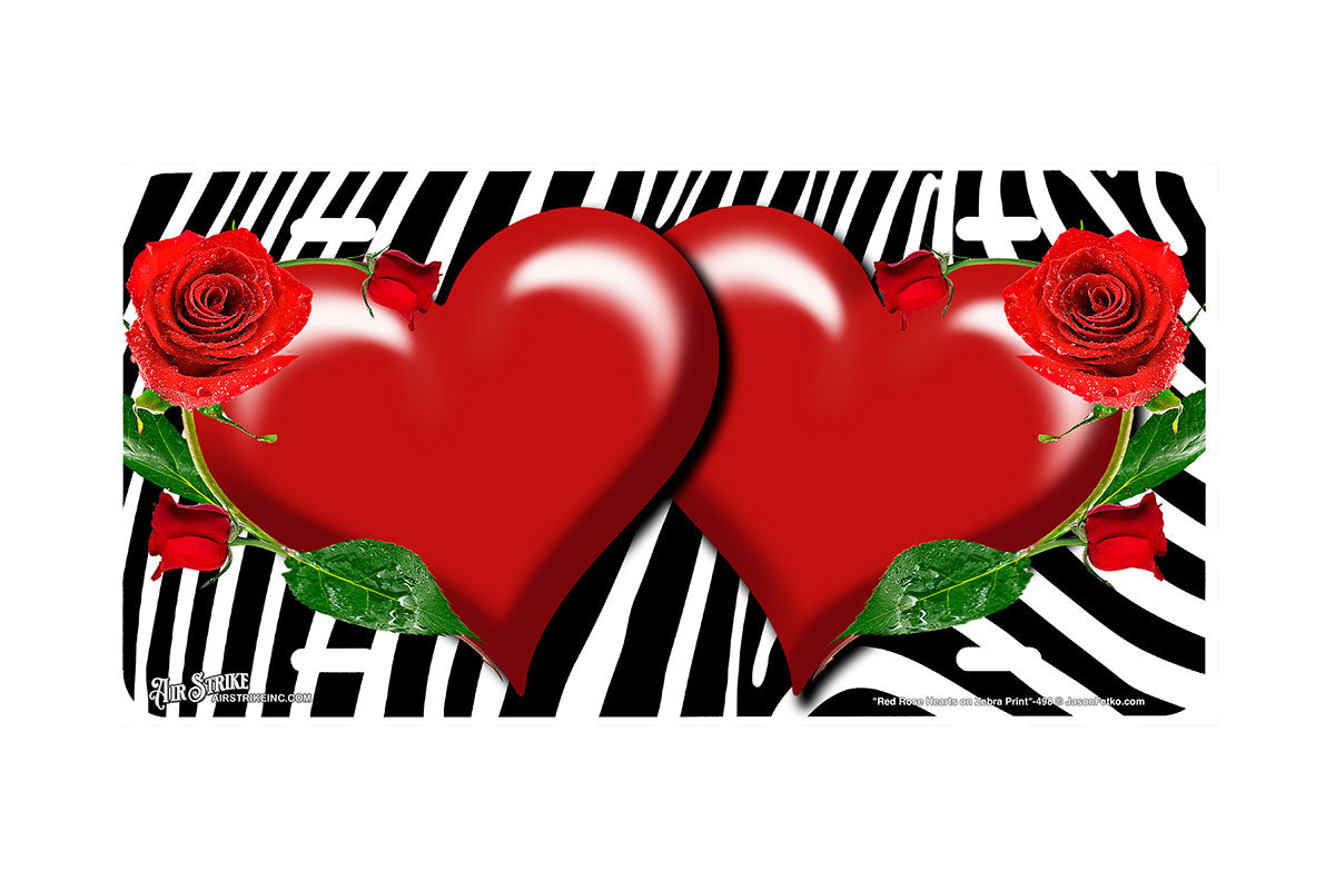 "Red Rose Hearts on Zebra Print" - Decorative License Plate