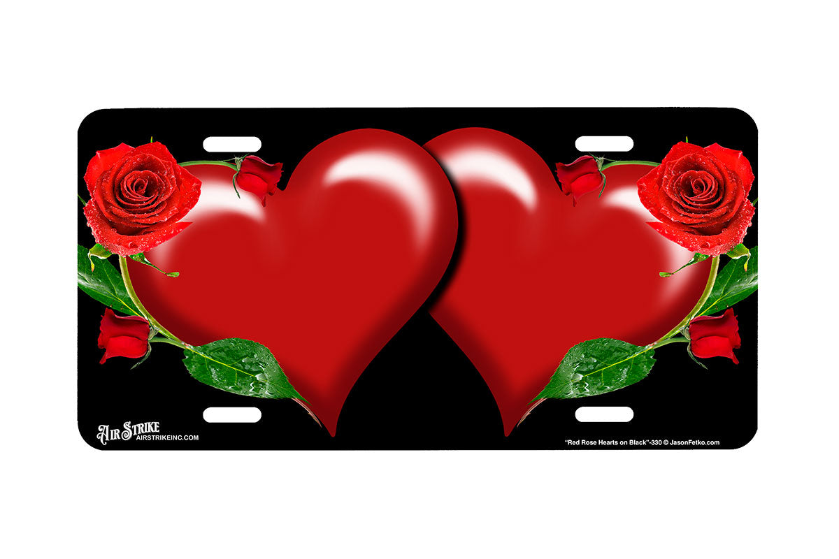 "Red Rose Hearts on Black" - Decorative License Plate