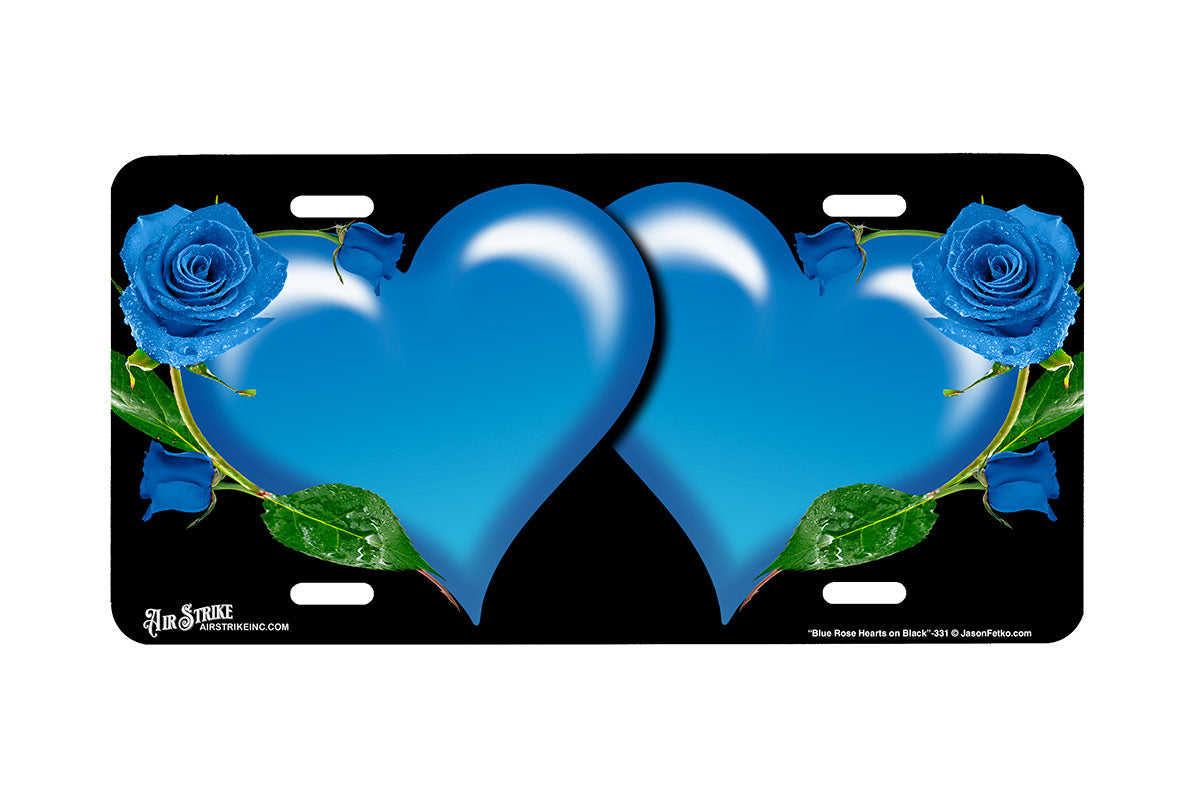 "Blue Rose Hearts on Black" - Decorative License Plate