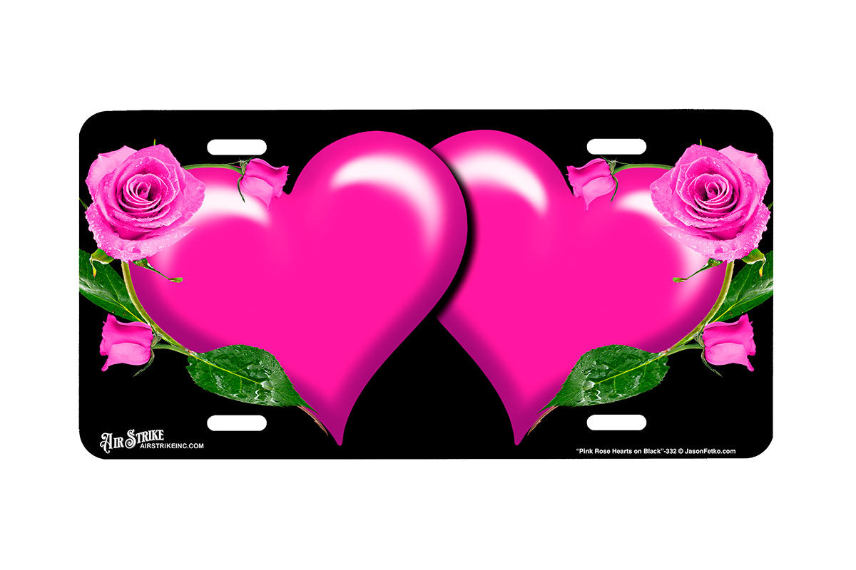 "Pink Rose Hearts on Black" - Decorative License Plate