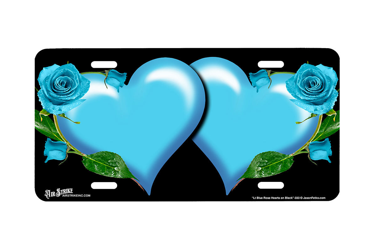 "Light Blue Rose Hearts on Black" - Decorative License Plate