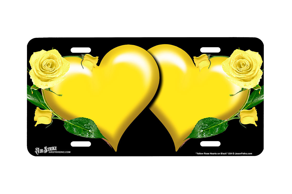 "Yellow Rose Hearts on Black" - Decorative License Plate
