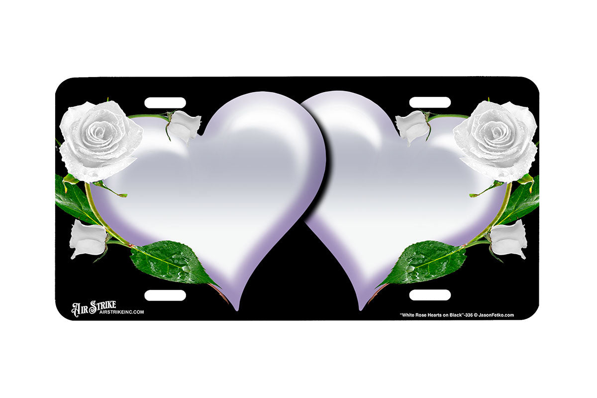 "White Rose Hearts on Black" - Decorative License Plate