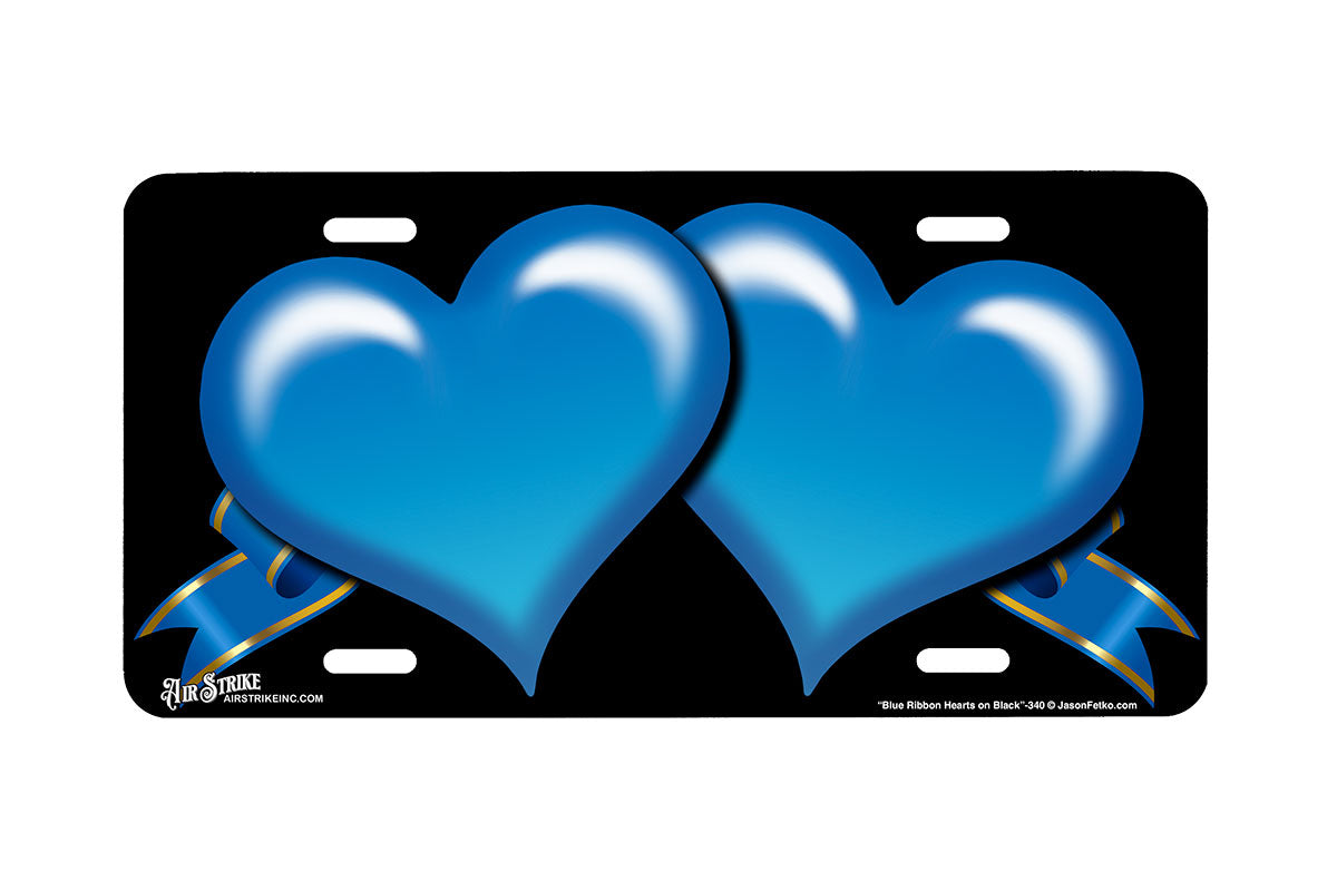 "Blue Ribbon Hearts on Black" - Decorative License Plate