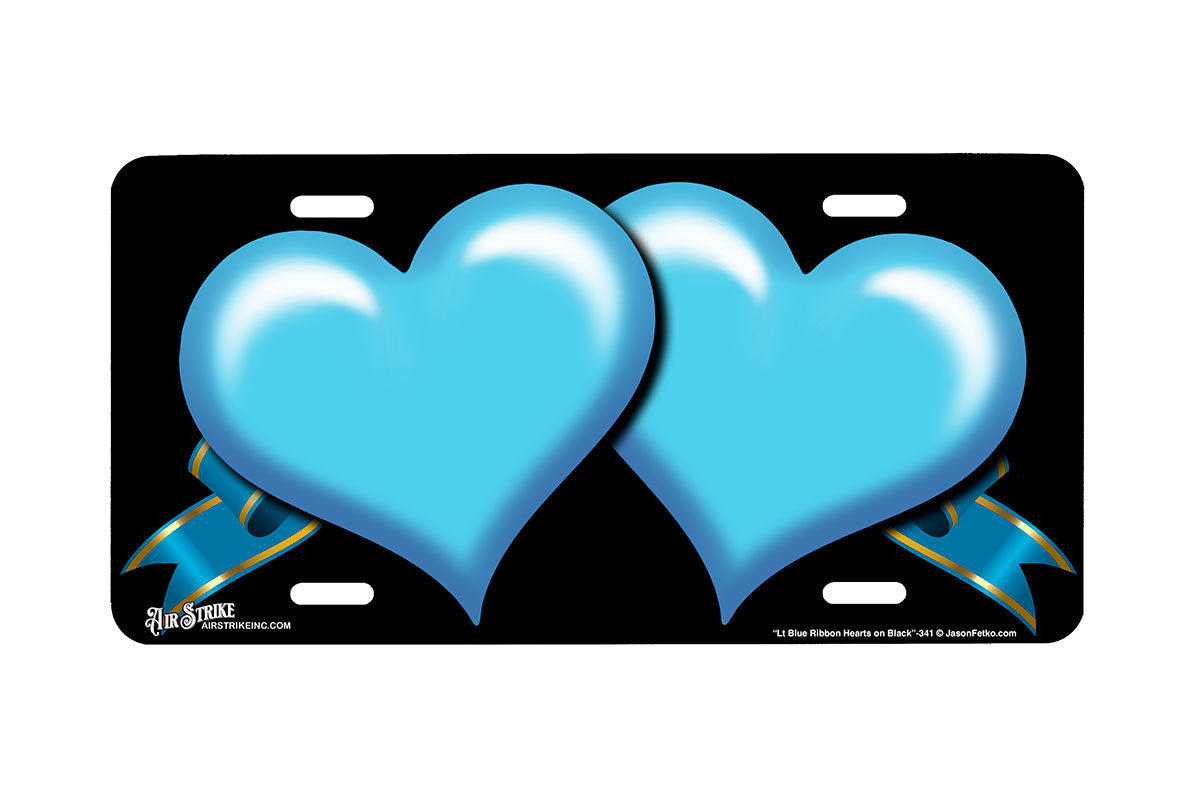 "Light Blue Ribbon Hearts on Black" - Decorative License Plate
