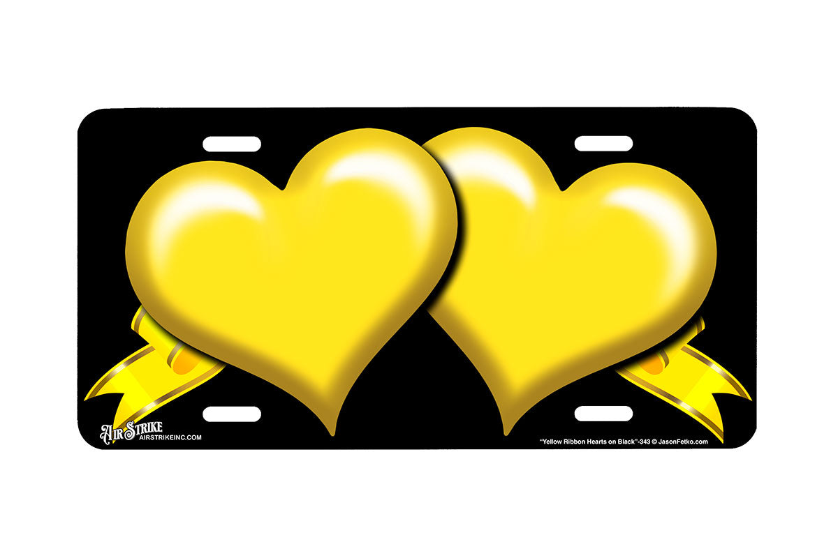 "Yellow Ribbon Hearts on Black" - Decorative License Plate