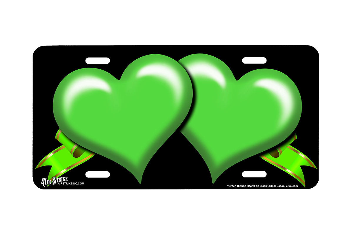 "Green Ribbon Hearts on Black" - Decorative License Plate