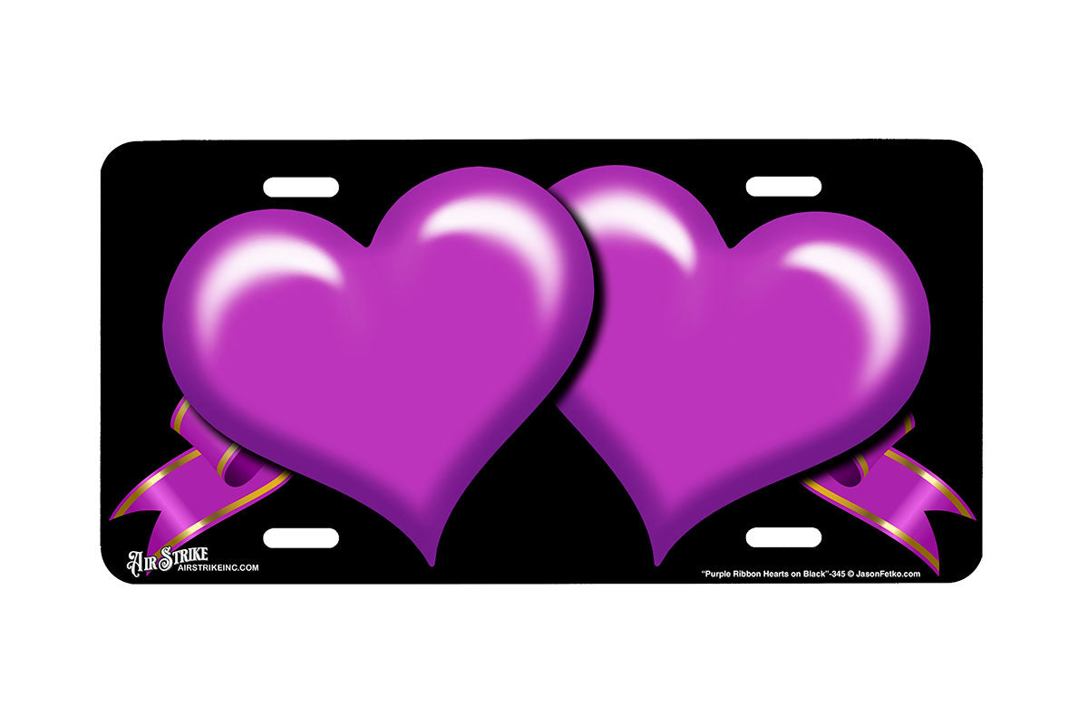 "Purple Ribbon Hearts on Black" - Decorative License Plate