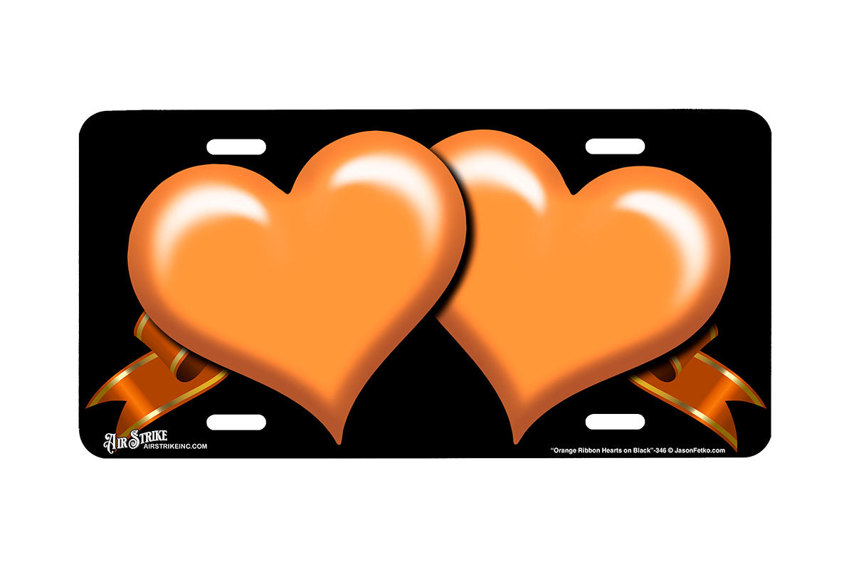 "Orange Ribbon Hearts on Black" - Decorative License Plate