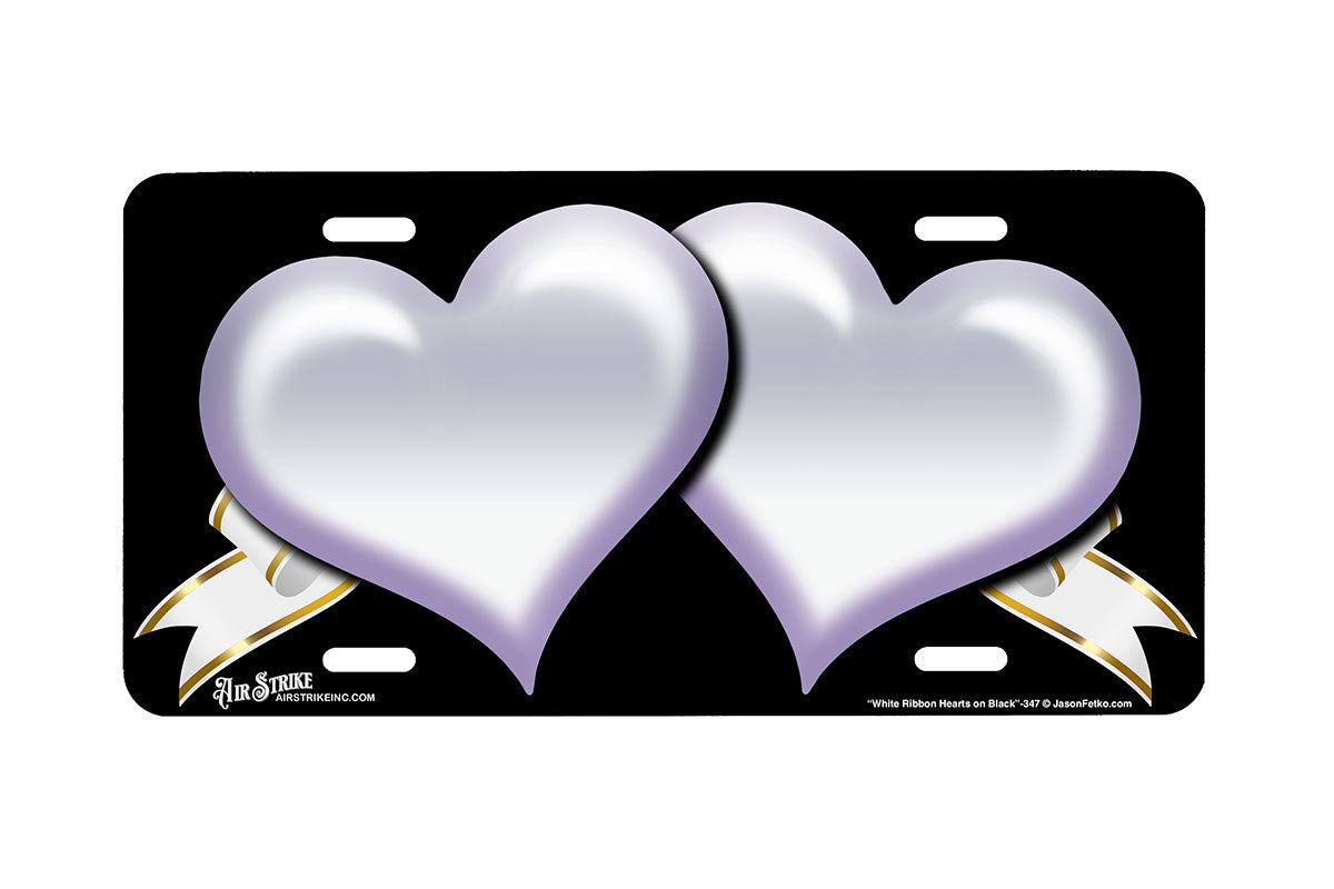 "White Ribbon Hearts on Black" - Decorative License Plate