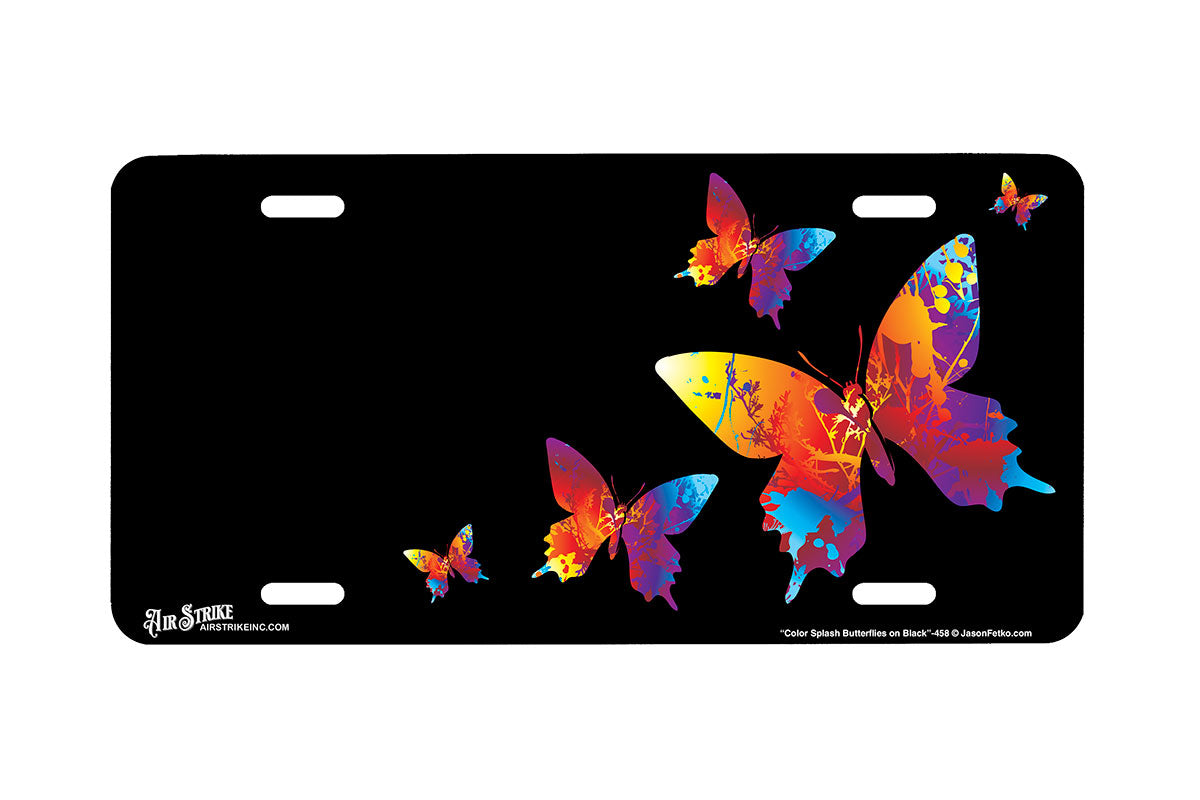 "Color Splash Butterflies on Black" - Decorative License Plate