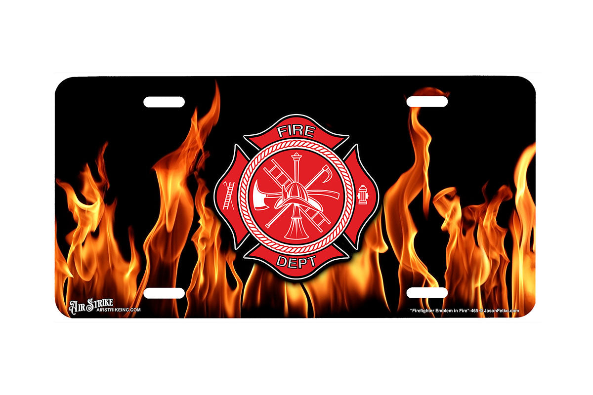 "Firefighter Emblem in Fire" - Decorative License Plate