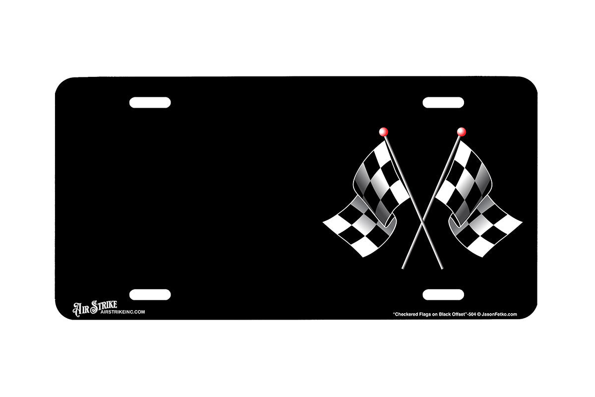 "Checkered Flags on Black Offset" - Decorative License Plate