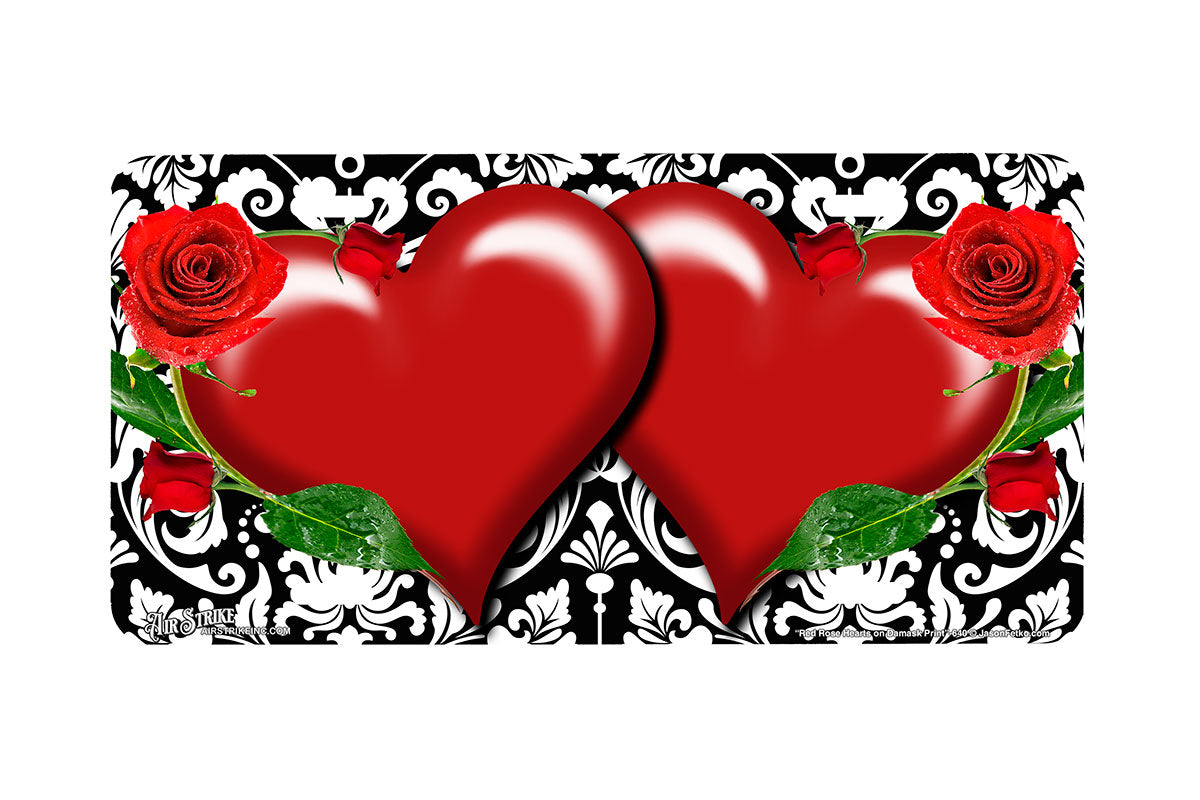 "Red Rose Hearts on Damask Print" - Decorative License Plate