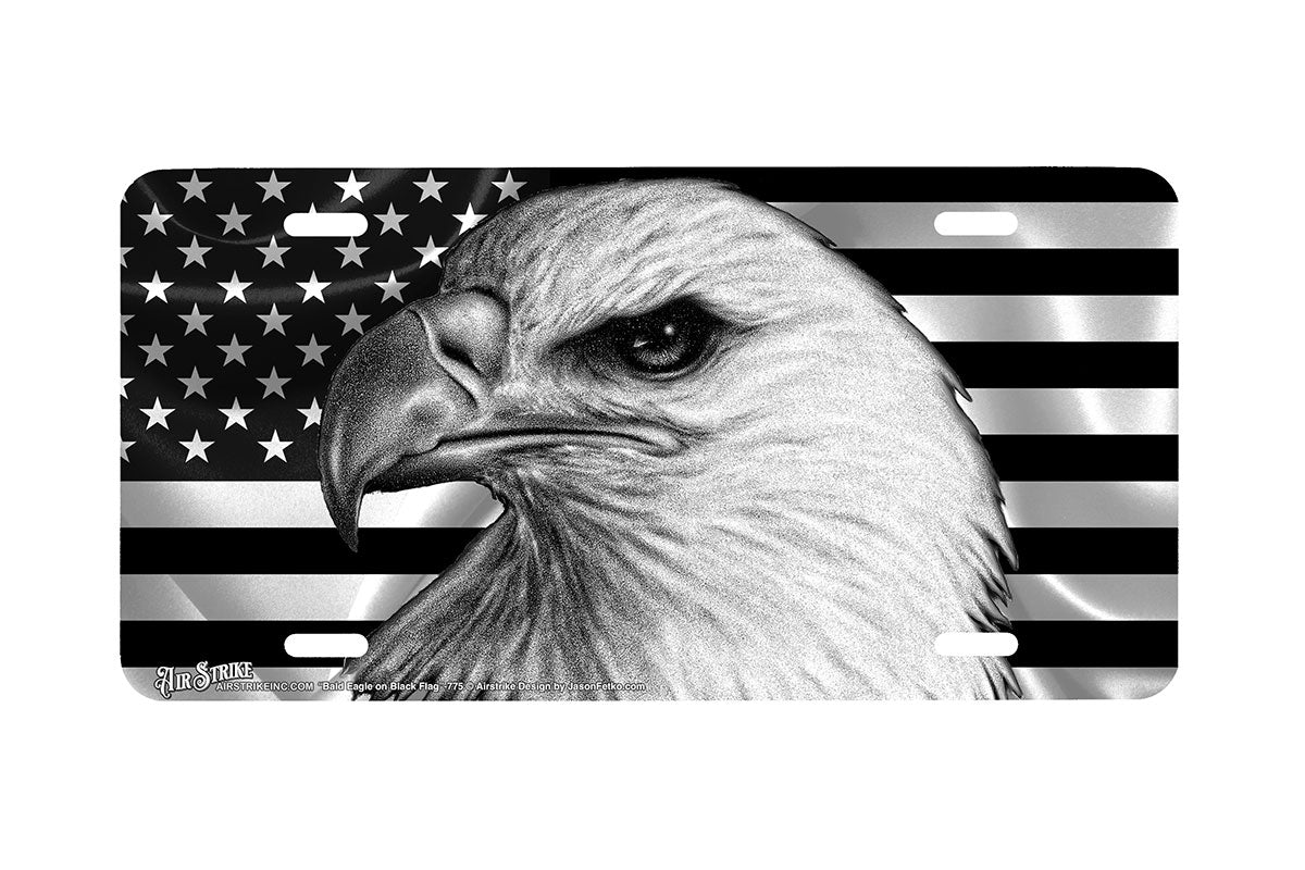 "Bald Eagle on Black Flag" - Decorative License Plate